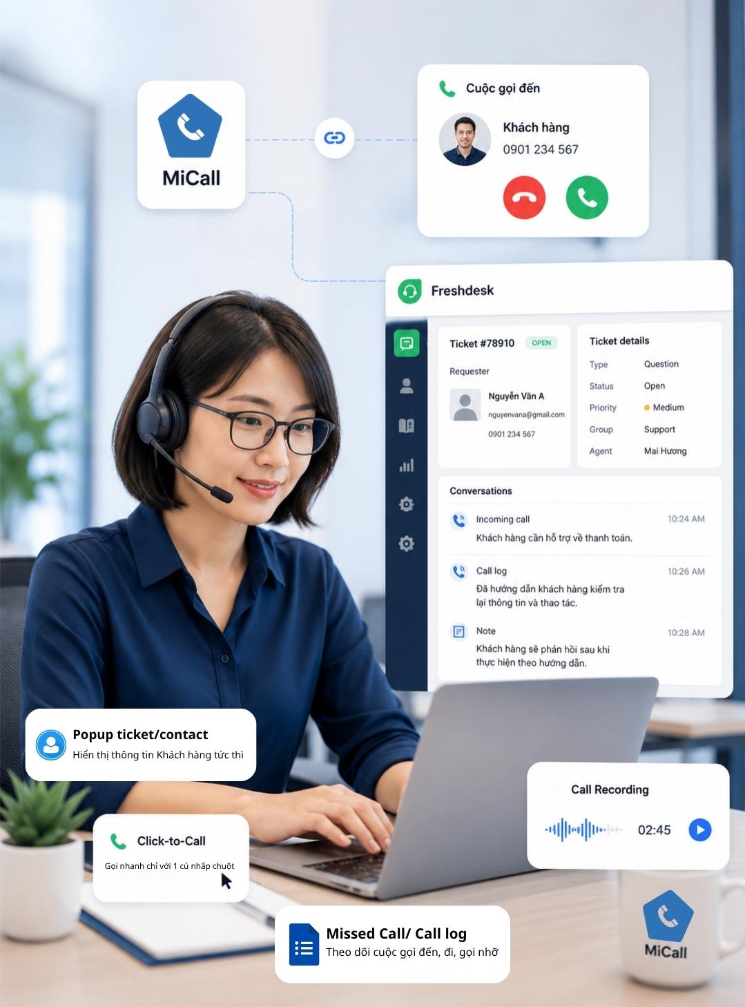 Minh họa tích hợp MiCall với CRM và Helpdesk