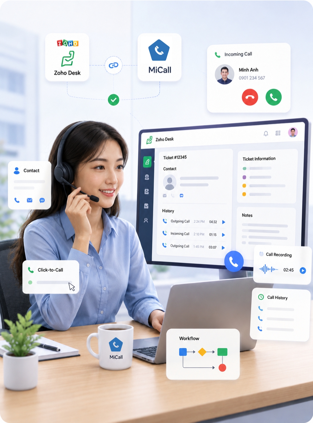 Minh họa tích hợp MiCall với CRM và Helpdesk